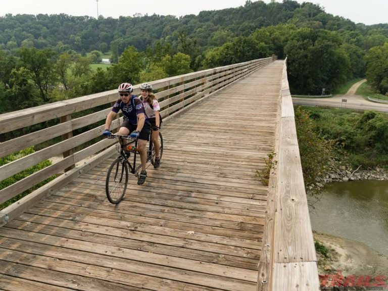 Two adults biking on a wooden bridge high above the tree canopy