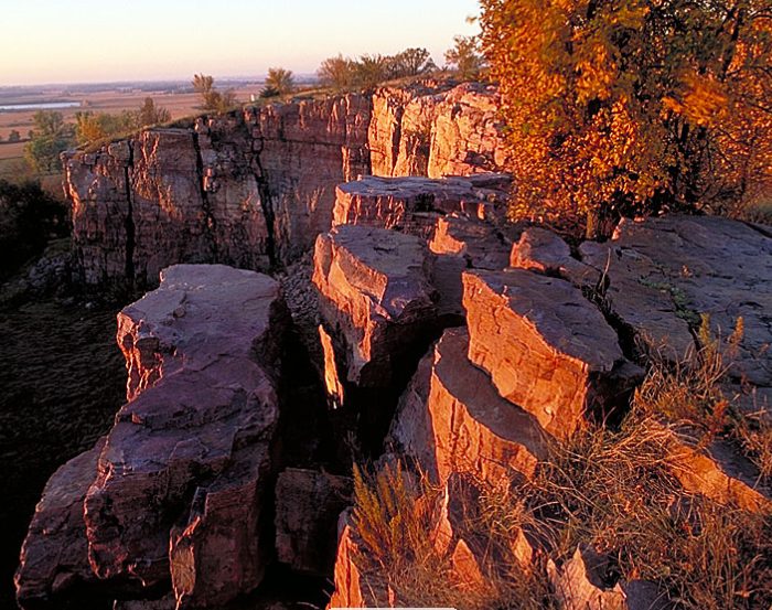 A sky-view of the natural rock faces of Blue Mounds State Park