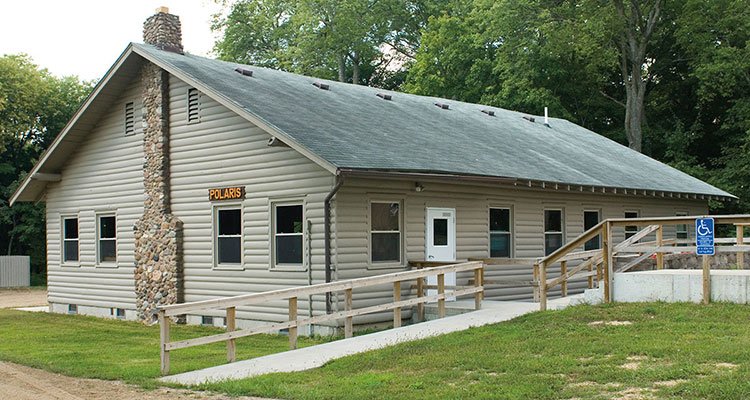 Polaris Lodge, a large building with lots of little windows